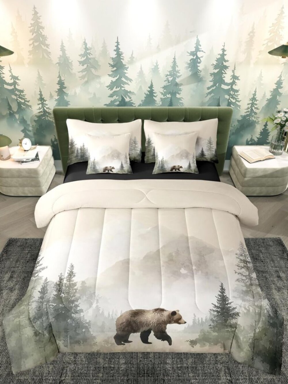 7 Pcs Hunting Bear Bedding Set Queen Size Wild Woodland Wildlife Comforter Set w